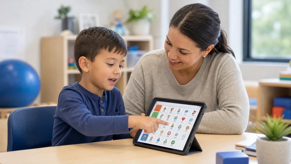 A child selecting a symbol on an AAC communication tablet while a therapist sits beside him