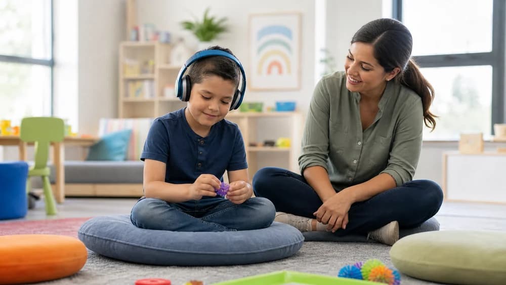 A child wearing noise-reducing headphones plays with a sensory toy while a therapist sits alongside him