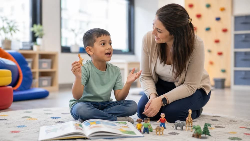 A child telling an animated story with toy figures while a therapist listens and follows his lead
