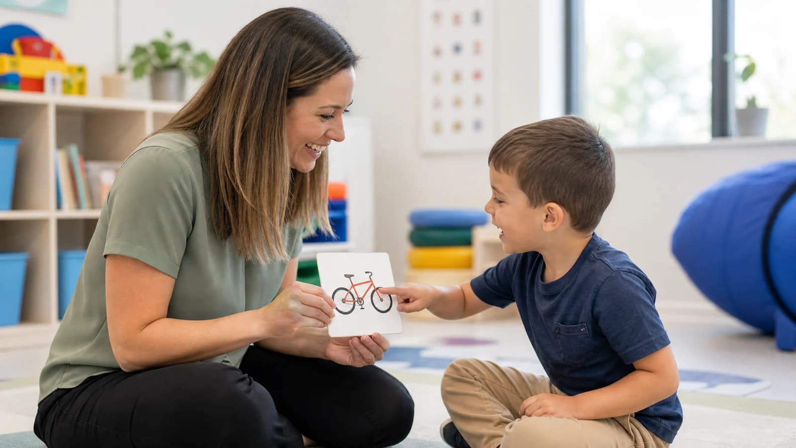 A speech-language therapist and a young boy sitting together on the floor, both smiling as he points at a picture card