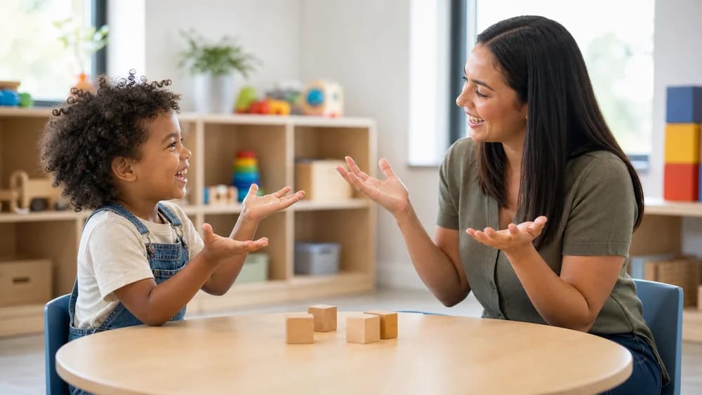 A young child and a therapist laughing and mirroring each other's hand gestures across a table