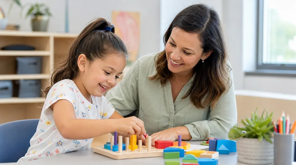 An educator sitting alongside a young child, guiding her through a hands-on learning activity